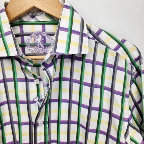 Bugatchi Button Front Dress Shirt Colorful Windowpane Plaid Shaped Fit Medium - Picture 1 of 4